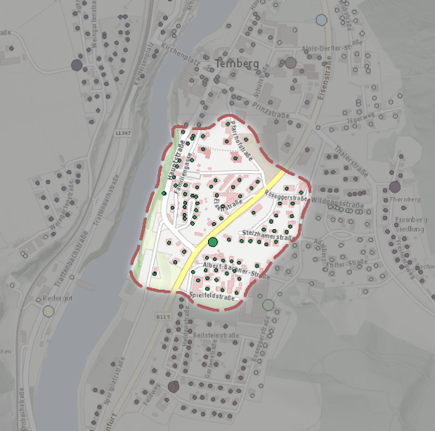 Kartenansicht von Ternberg mit Hervorhebung des Anschlussgebiets vom Trafo Ternberg Ort